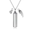 Cylinder Capsule Secret Message Vial Cremation Ash Urn Necklace in Stainless Steel Stash Locket Wing and Crystal Dangle Necklace293D