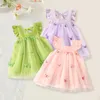 Girl Dresses Sweet Beauty Children's Dress 2024 Summer Solid Color 3d Butterfly Embroidery Mesh Flying Sleeves Trim 0-3 Year