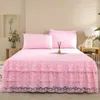 Princess Lace European Style Three Layer Solid Color Bed kjol Bed Stead Ruffle Madrass Non Slip Pudow Case 231225