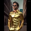 Herrklänningskjortor Spring Autumn Long-Sleeved Shirt Oversize Mens Glossy Gold Shiny Nightclub Button Up Plus Size Size Men Performance Clothing