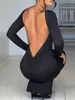 Casual jurken dames s sexy lange mouw maxi jurk elegante backless ruches bodycon avondjurk cocktail