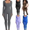 Women Skinny Jumpsuit Solid Color Ribbed Knit Long Sleeve Square Neck Bodycon Romper Work Out Sport Yoga Playsuits 231225