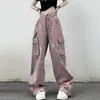 Rosa kvinnor jeans hög midja mode amerikansk kamouflage y2k streetwear chic wide ben jean kvinnlig byxa baggy denim byxor 231225