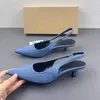 Dress Shoes TRAF Blue Pumps Heels For Women Summer Pointed Toe Sandals Elegant Mid Heel Slingbacks Ladies Office Comfort Stiletto 2023