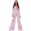 Kvinnors tvåbitar byxor Crop Topps Female 2 Pink Set Wide Leg Outfit Elegant Short Top Pant Set Women 2023 Spring Lapel Long Sleeve Button