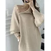 Turtleneck Buttons Laceup Autumn Winter Elegant Dresses for Women Robe Sweater Maxi Dress Female Thick Knitted Onepiece 231225