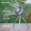 Elektriska fläktar Kinscoter Portable Camping Fan Rechargeble Desktop Circulator Wireless Tak Electric Fan With Power Bank LED Lighting Stativ YQ231225