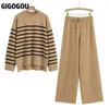 GIGOGOU 2/ Two Pieces Sets Women Cashmere Tracksuits CHIC Striped Oversized Woman Sweater Drawstring Wide Leg Pants Suits 231225