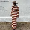 Y2k gestreiftes Rückenless gestrickt Maxi Kleid Frauen Herbst Vintage Elegant Long Sleeve O Hals Beach Party Kleider weibliche lässige Roben 231225
