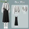 Frauen Herbst Winter Mode V-ausschnitt Pullover Gestrickte Kleid Zwei Stück Koreanische Elegante Top Rock Passenden Set Weiblichen Anzug 231225