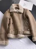 Traf Winter Vrouwen Dikke Warme Suede Lamsjack Korte Motorfiets Bruine Jassen Faux Shearling Schapenvacht Lederen Jassen Uitloper 231225