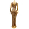 Stage Wear Fashion Designed Silver Gold Rhinestones Sequins Transparent Sleeveless Dress Birthday Celebrate Costume Evening Dance