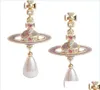 Charm Charm Space Western Empress Dowager Lavender Paint Pearl Drop Elegant Temperament Spot Package Delivery 2021 Jewelry Earring2014913