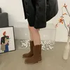 Botas populares de celebridades da Internet, estilo de celebridade simples e elegante, versátil alto salto macio de couro redondo de ponta grossa botas de comprimento 230830