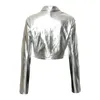 Women's Jackets Silver Metallic Bomber Pu Faux Leather For Women 2023 Autumn Streetwear Fashion Zip Up Cropped Coats Outwear