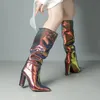 Lantejoulas bling apontou toe joelho botas altas mulheres saltos altos deslizamento em cor sólida moda estilo de rua sexy festa senhoras sapatos 231225