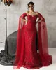 Robes de soirée perlées de sirène rouge robes de bal en dentelle pailletée avec manches longues pure bateau décolleté appliqué balayage train robe formelle