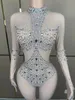 Stage Wear Sexy Luxurious Sparkling Rhinestone Dress Transparent Mesh Long Sleeve Gloves Bodysuit Party Club Dance Performance