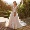 Lång haute couture ärmar bröllopsklänningar elegant svep tåg hals d blommor spetsar plus storlek arabiska brudklänningar sexiga underbara brud vestidos de novia