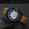 Polshorloges Verzoeken Militair Skeleton Automatisch horloge voor mannen Lumineuze handen Bruine Leather Riem Sport Mechanische horloges