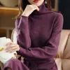 23 Pullover 100% Wool Ladies Dress Solid Color Långärmad stickad mode Slim Long High-Neck Cashmere Dress Sweater 231225