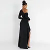 Casual jurken één schouder lange mouw zwarte jurk feestavond voor dames elegante jurk rugloze ruche maxi herfst winter