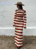 Vintage Striped Backless Women Knitted Dresses Fashion O Neck Flare Long Sleeve Maxi Dress Female High Street Casual Robes 231225