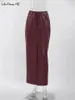 Mnealways18 Wine Red Faux Leather Long Skirt Office High Waist Slit Autumn Winter Warm Casual Midi Skirt 2023 Lady 231225