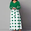 Lässige Kleider hoher Taille Maxi Kleid Rüschendekoration gegen Halspunkt Druck mit Patchwork-Schnüre-Frauen-Frauen