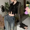 Женские блузки модная сетчатая сетчатая рукав Женская блузка Slim Fit Casual High Street Vintage Black Frunt Women Ruffle Sexy Tops 30396