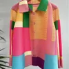 Blouses des femmes miyake plissé de couleur contrastée de couleur géométrique imprimée femme revers à semelles simples à trois quarts