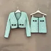 Women's Jackets Early Spring Women Mint Green Bow Rhinestone Buttons Knitted Cardigan /Mini Skirt