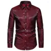 Camisas casuais masculinas Vinho Red Jacquard Silk Setin Mens Dress Dress Manga de manga longa 70 Prom Circl