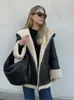 Elegant Fashion Shearling Womens Thicken Coat Chic Lapel Long Sleeved Pocket Leather Jacket Winter Lady High Streetwear 231225