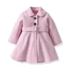 Manteau en laine rose pour filles, automne et hiver, manteau mi-long avec ceinture à nœud pour enfants