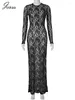 Casual Dresses Jokaa Print Lace See Through Outfit For Women 2024 Spring Evening Night Clubwear Sexig O-Neck långärmad bodycon maxi klänning