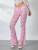 Pantalon féminin Femmes Lace Floral Sheer Mesh Flare Pant DrawString Low Rise Bell-Bottoms Sexy Voir à travers les leggings du Party Club Streetwear