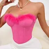 Женские танки Bkld 2024 Summer Rose Red Sexy Sexy Sexy Fauxe Fur без бретелек с узкой укороченной наставлением на вечеринке на вечеринке с основных жилетов с плеча