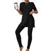 Women's Two Piece Pants Women Female 2 Pajamas Sets Casual Style Sleepwear Sweatsuits Side Slit Short Shirt Long Crew Neck Outfit