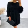 Casual Dresses 2023 Autumn Winter Fleece O-Neck Women Dress Elegant Long Sleeved Straight A-Line Solid Color Loose Pendder