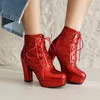 Women Ankle Boots Gold Silver Red Platform Shoes Elegant Studded Sequin Lace Up Autumn Winter Comfy Stable Chunky High Heels 231225