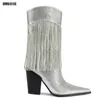 2024 Pointed Toe Sequin Fringes Mid Calf Sexy Modern Lady Boots for Women Zip Glitter Elegant Dress Thin High Heels Party Shoes 231225