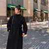 Corea delle donne primavera autunno nero lungo allentato cappotto di lana giacca cintura soprabito di lana orlo diviso cardigan tuta sportiva 3XL 231225