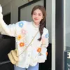 Malhas femininas gidyq 3d malha floral cardigan mulheres doces doces elegante estilo preppy manga longa suéter coreano