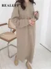 REALEFT Autumn Winter O-Neck Casual Loose Knitted Dress Female Straight Long Sleeve Oversize Sweater Womens Long Dress 231225