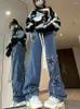 Kvinnors jeans houzhou grunge hippie stjärnbaggy kvinnor harajuku koreansk stil orolig lapptäcke denim byxor vintage breda benbyxor