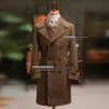 Jacken Herbst/Winter braune Männer überlagern langen Mantel Tweed Fischgramm Wolle Mischjacke Blazer Tuxedos Zweifel Breasted Militärkleidung