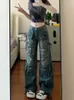 Kvinnors byxor retro tvättade flerfickor arbete jeans sommardesignkänsla hög midja amerikansk gata lös casual bred ben rak