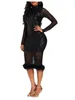 Casual Dresses Women Black Glitter Luxury BodyCon Party Dress O Neck Long Sleeve Mante Feather Hems Formell Evening Celebrate Prom Event