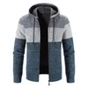 Herrtröjor varm zip upp huva fleece jacka tröja avslappnad något stretch färgblock cardigan för höstvinter